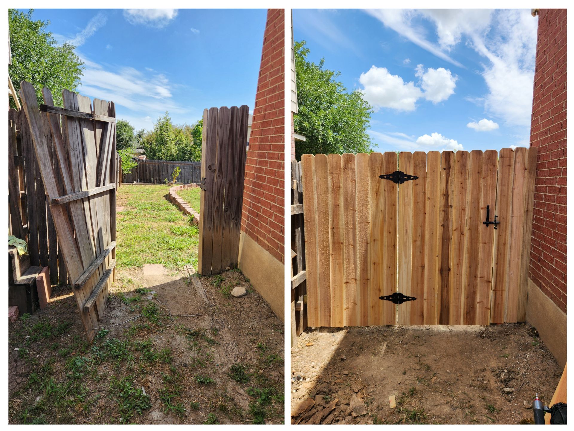 A before and after picture of a wooden fence and gate.