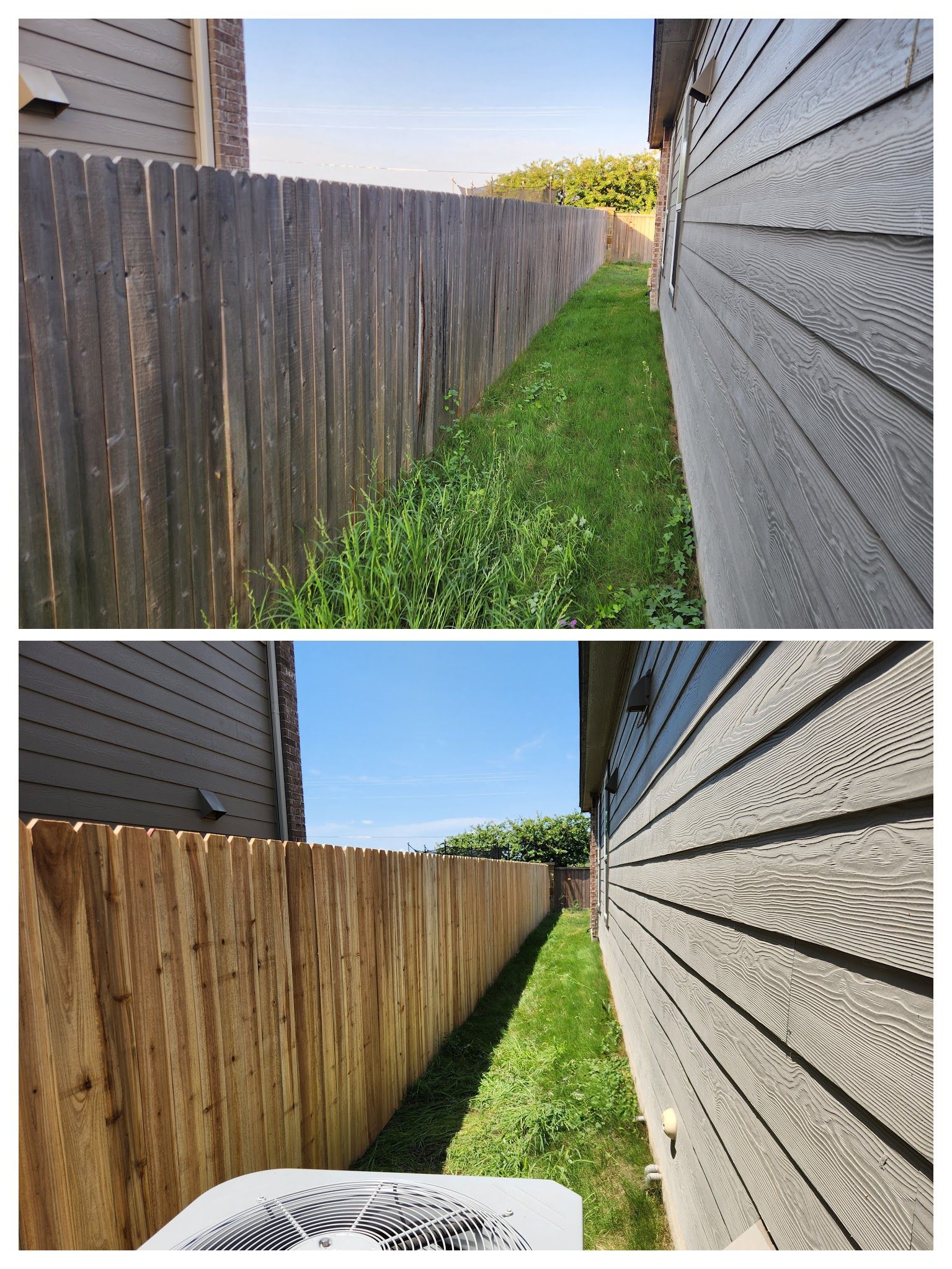 A before and after picture of a wooden fence and a house.