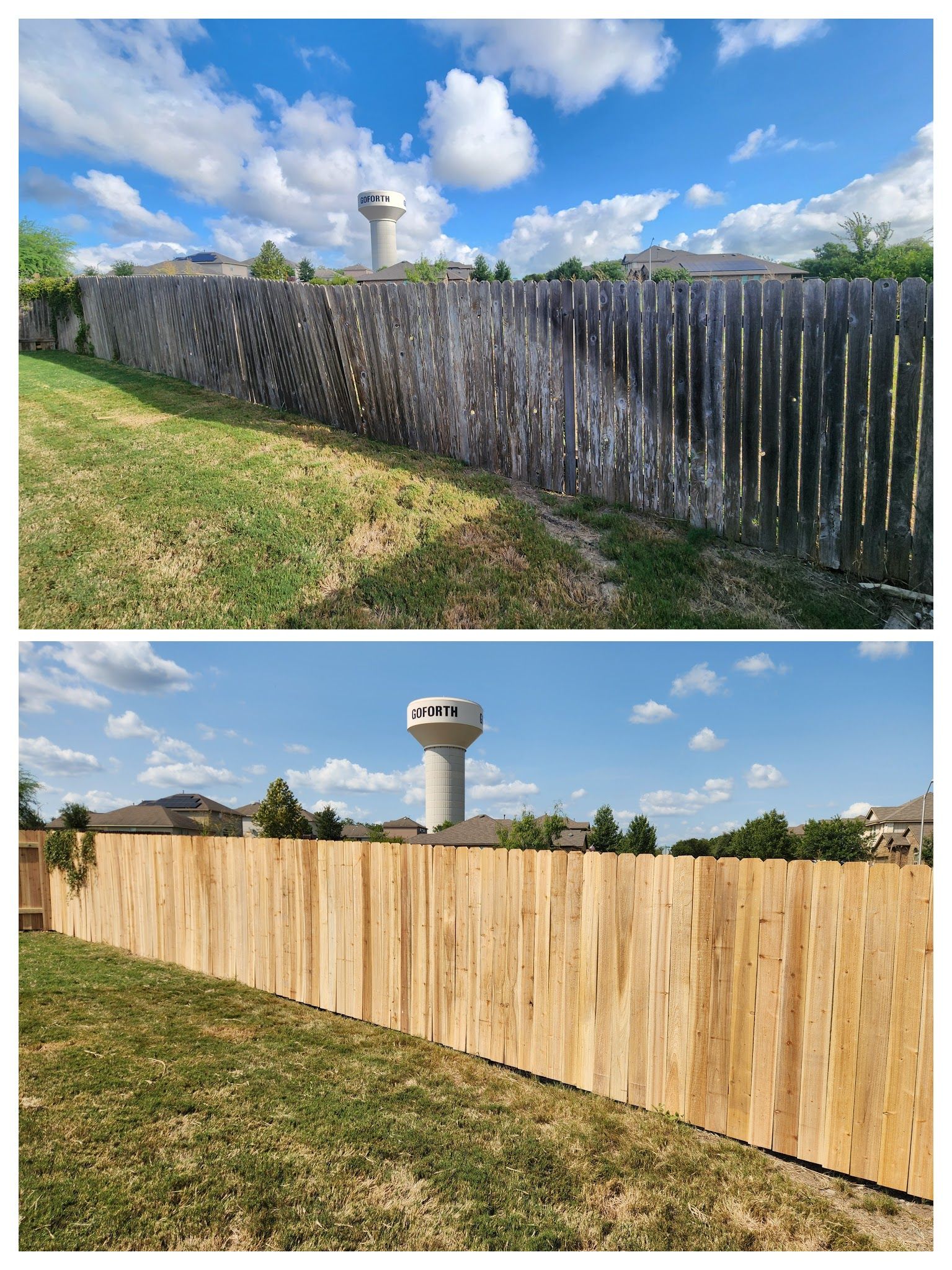 A before and after picture of a wooden fence with a water tower in the background.