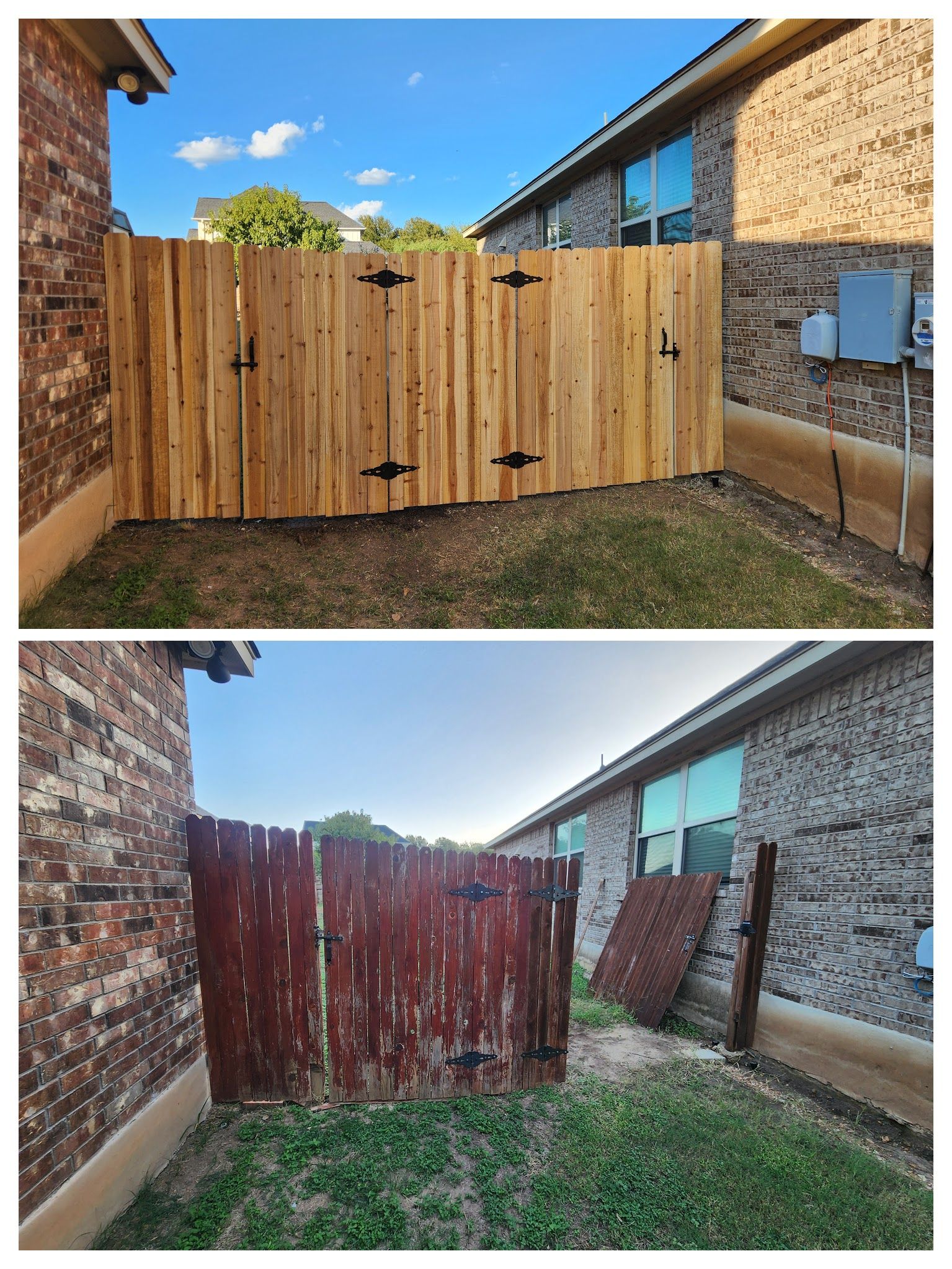 A before and after picture of a wooden fence in front of a brick house.