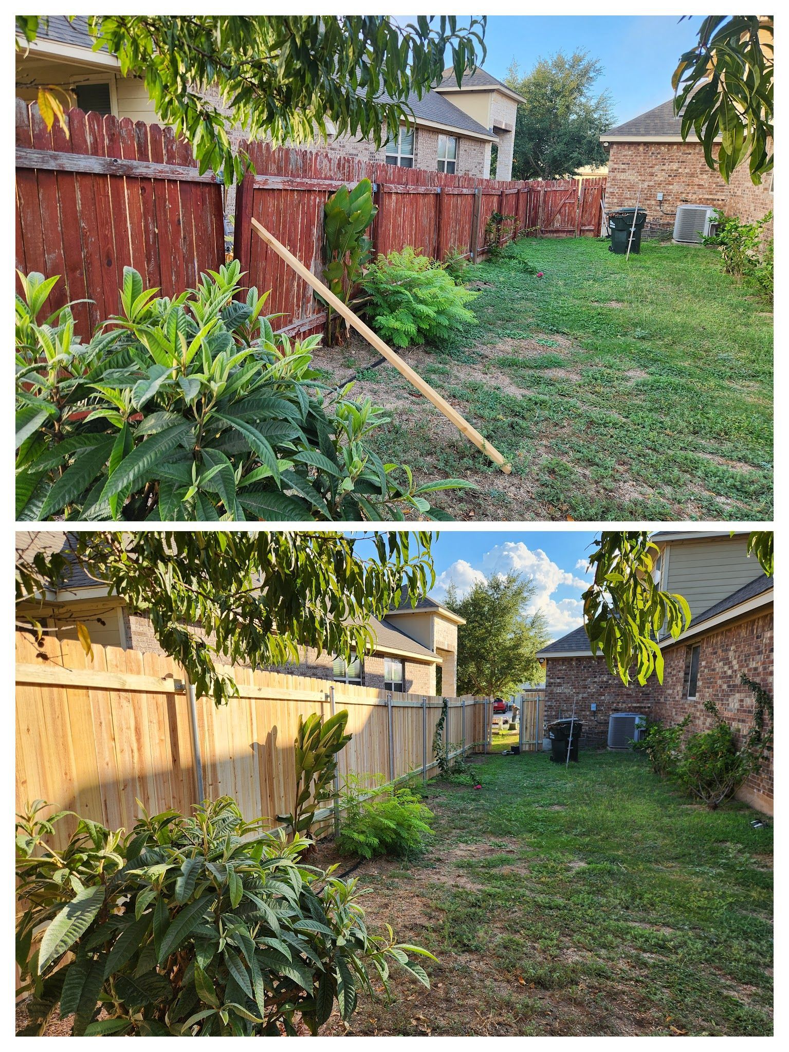 A before and after picture of a backyard with a wooden fence.