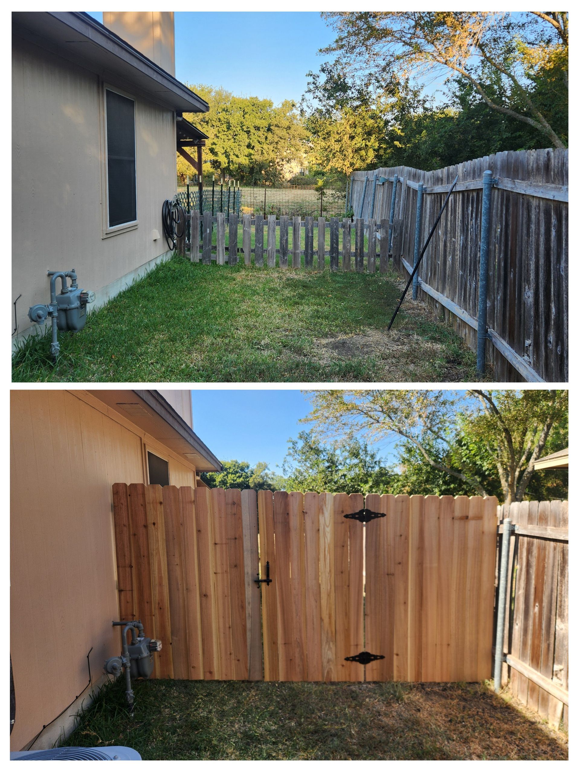 A before and after picture of a wooden fence with a gate.