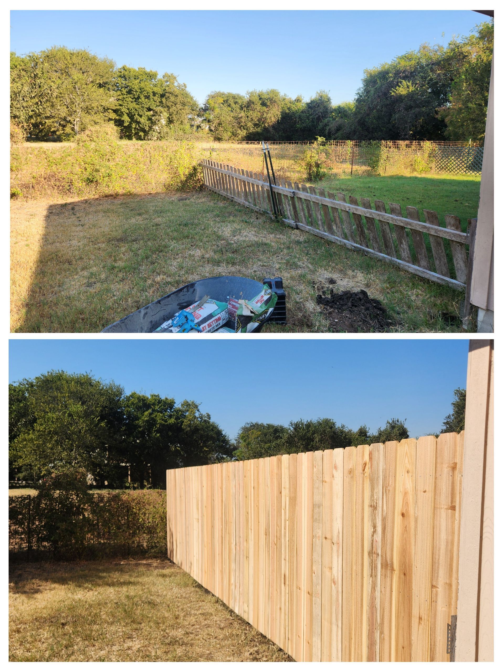 A before and after picture of a wooden fence in a yard.