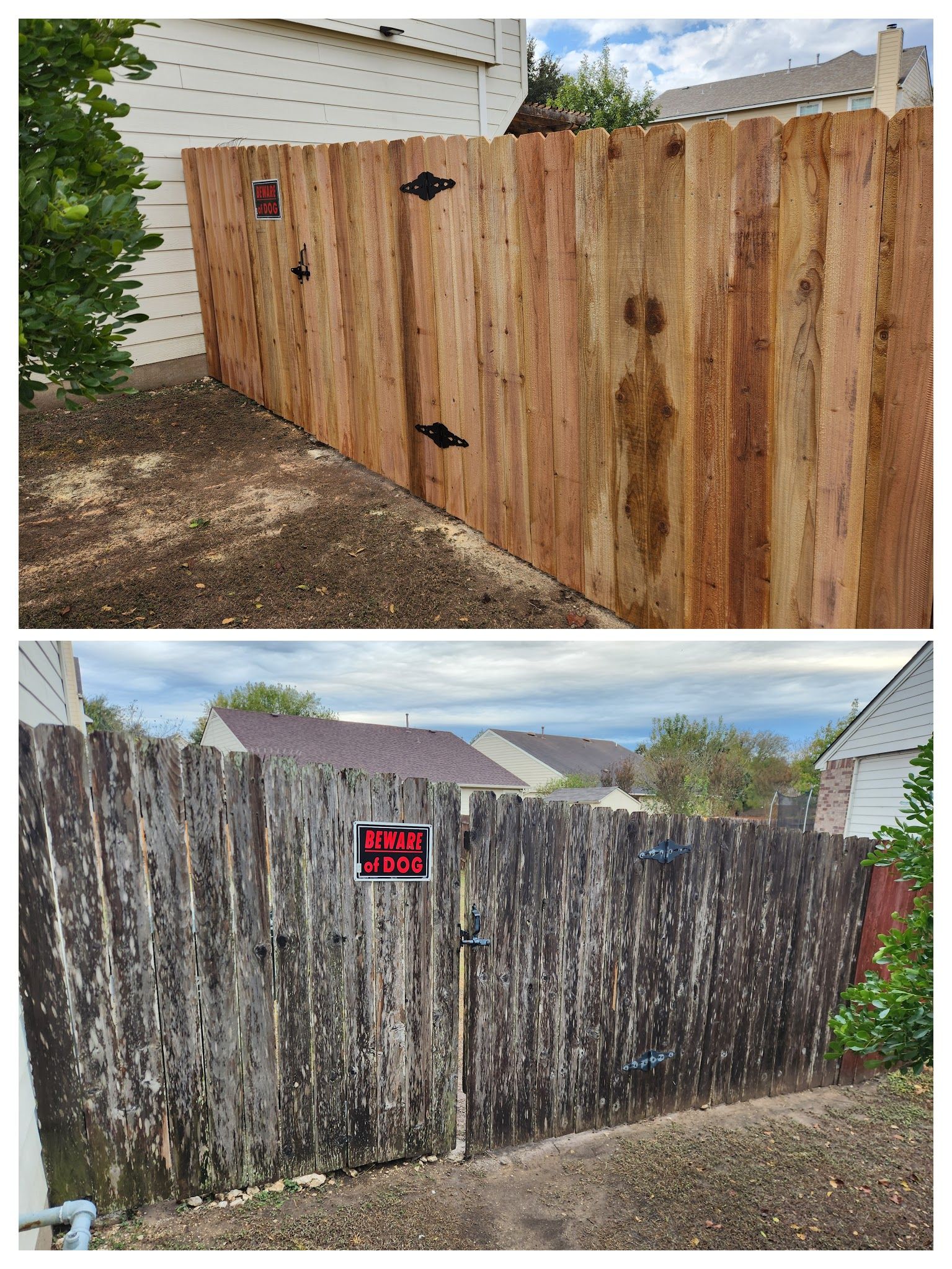 A before and after picture of a wooden fence.