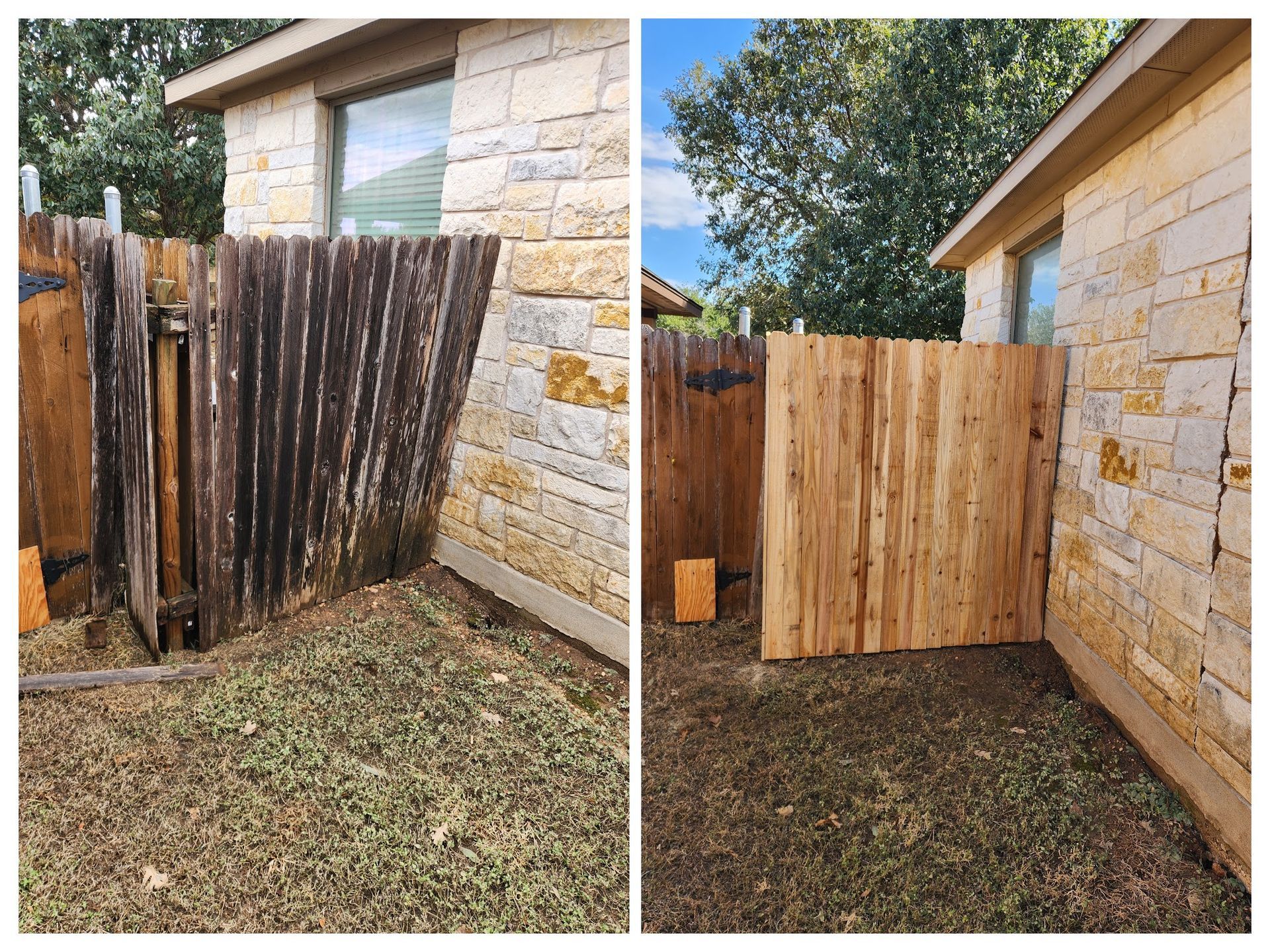 A before and after photo of a wooden fence in front of a brick building.