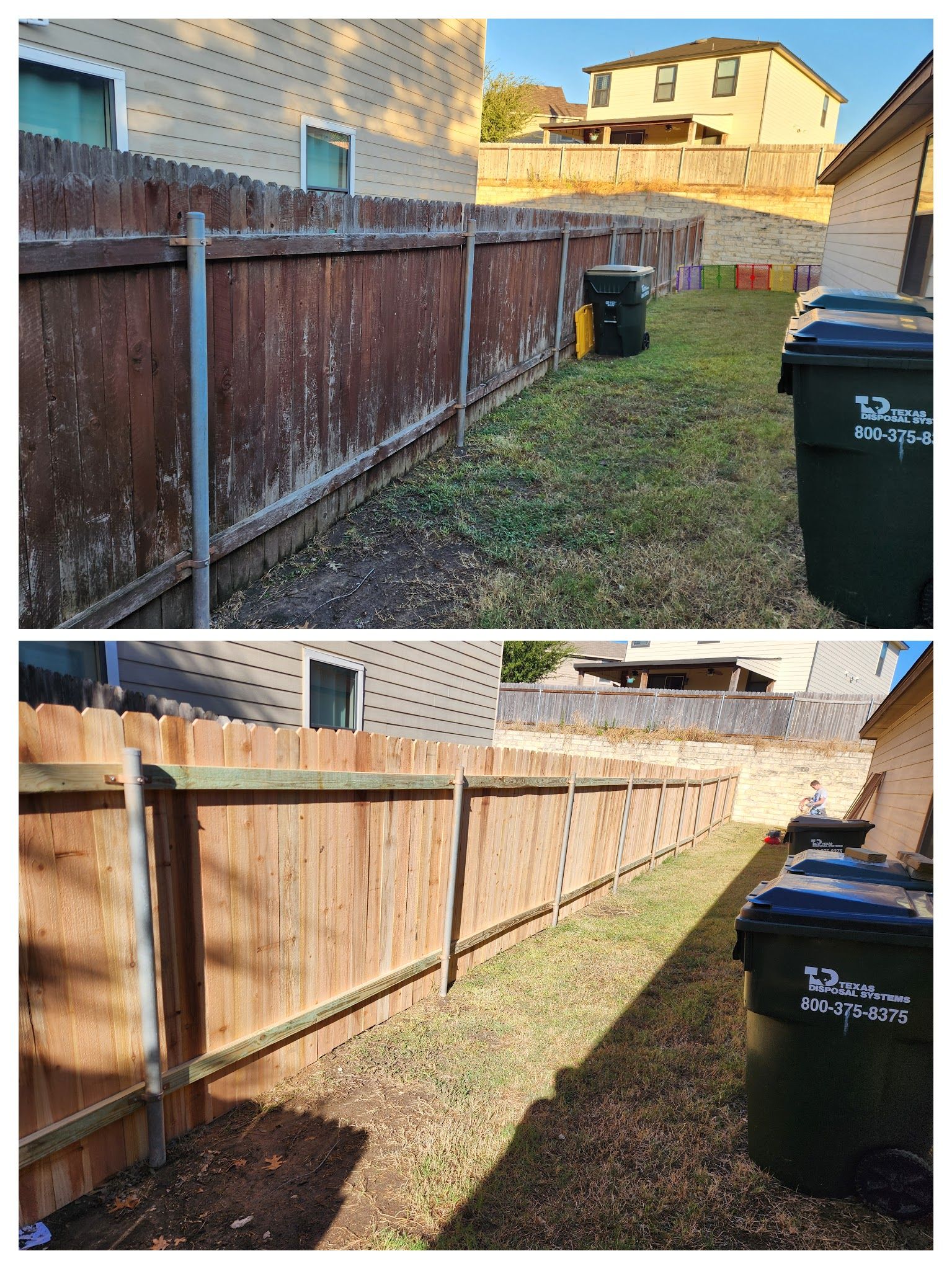A before and after picture of a wooden fence in a backyard.