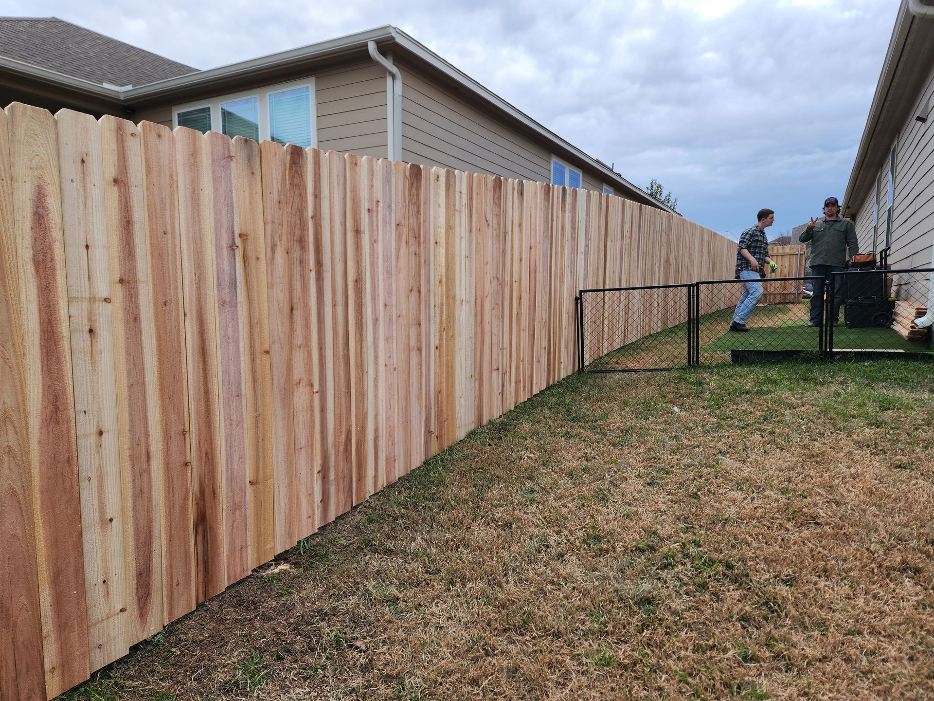 Two men are standing next to a wooden fence in a backyard.