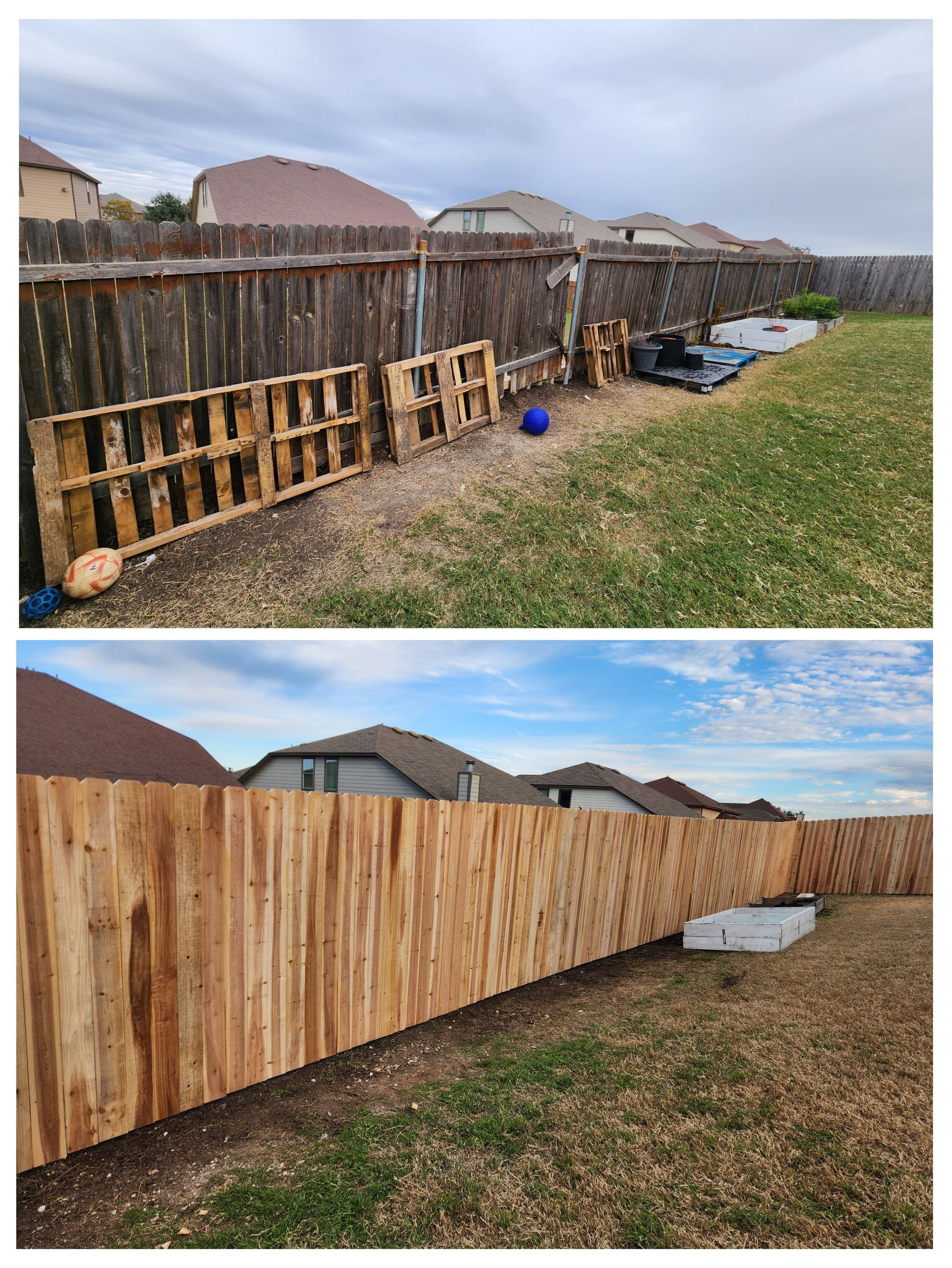 A before and after picture of a wooden fence in a backyard.