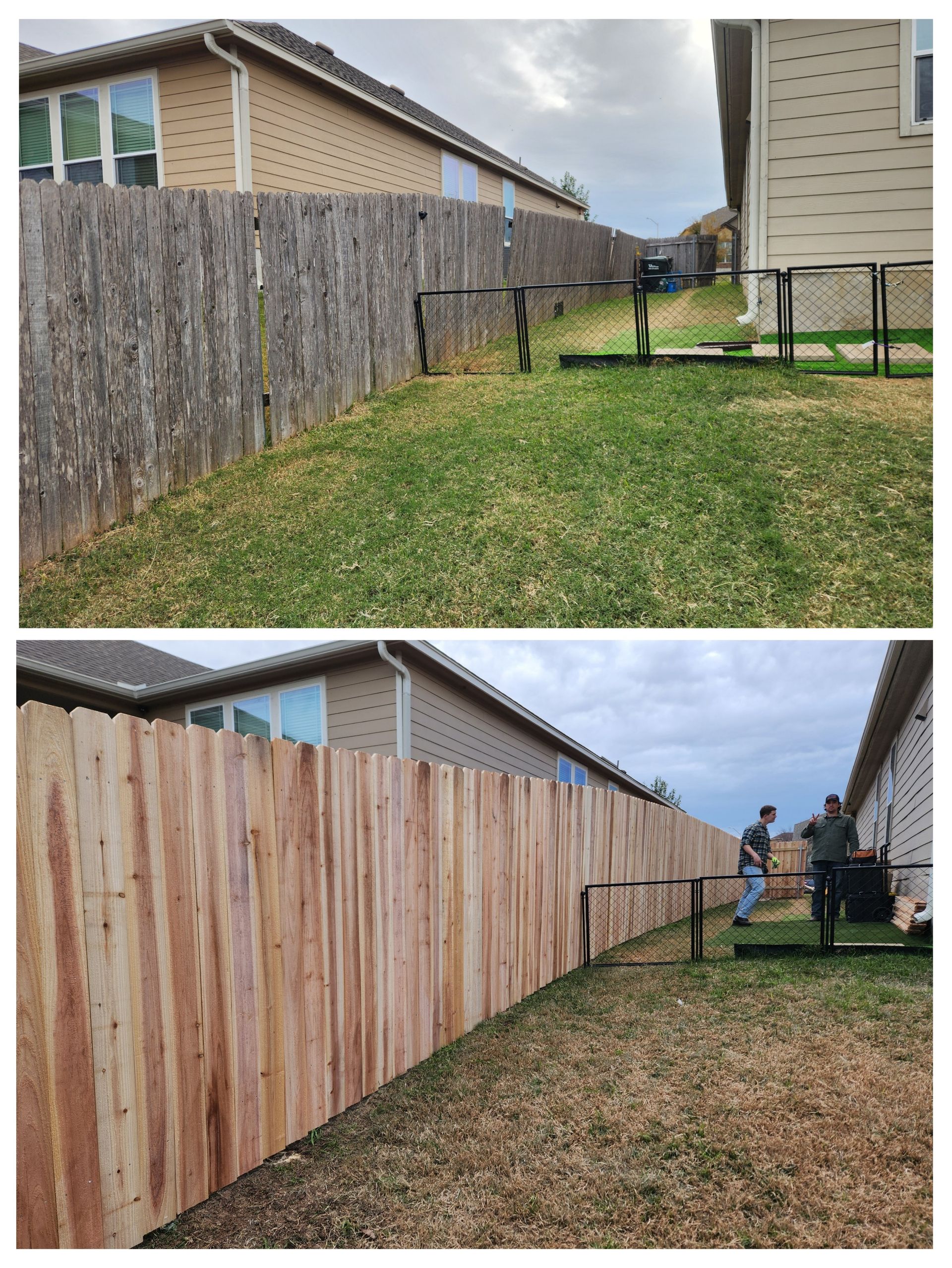 A before and after picture of a wooden fence in a backyard.