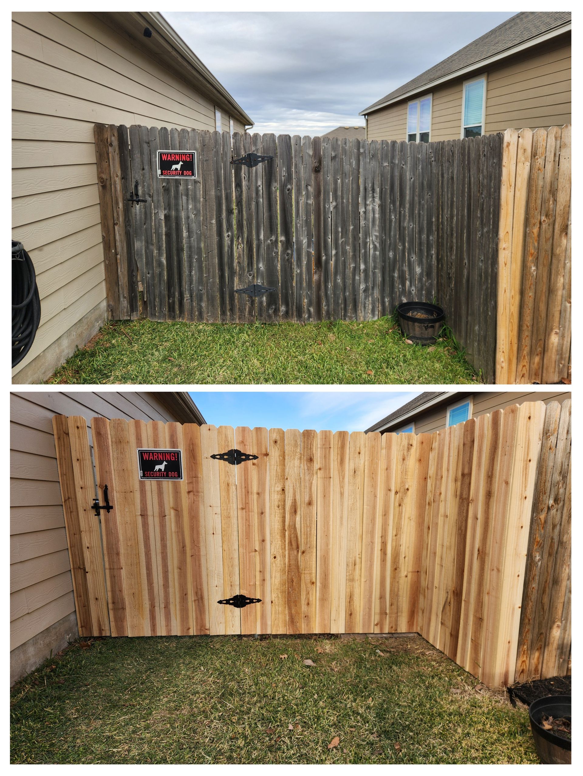 A before and after picture of a wooden fence.