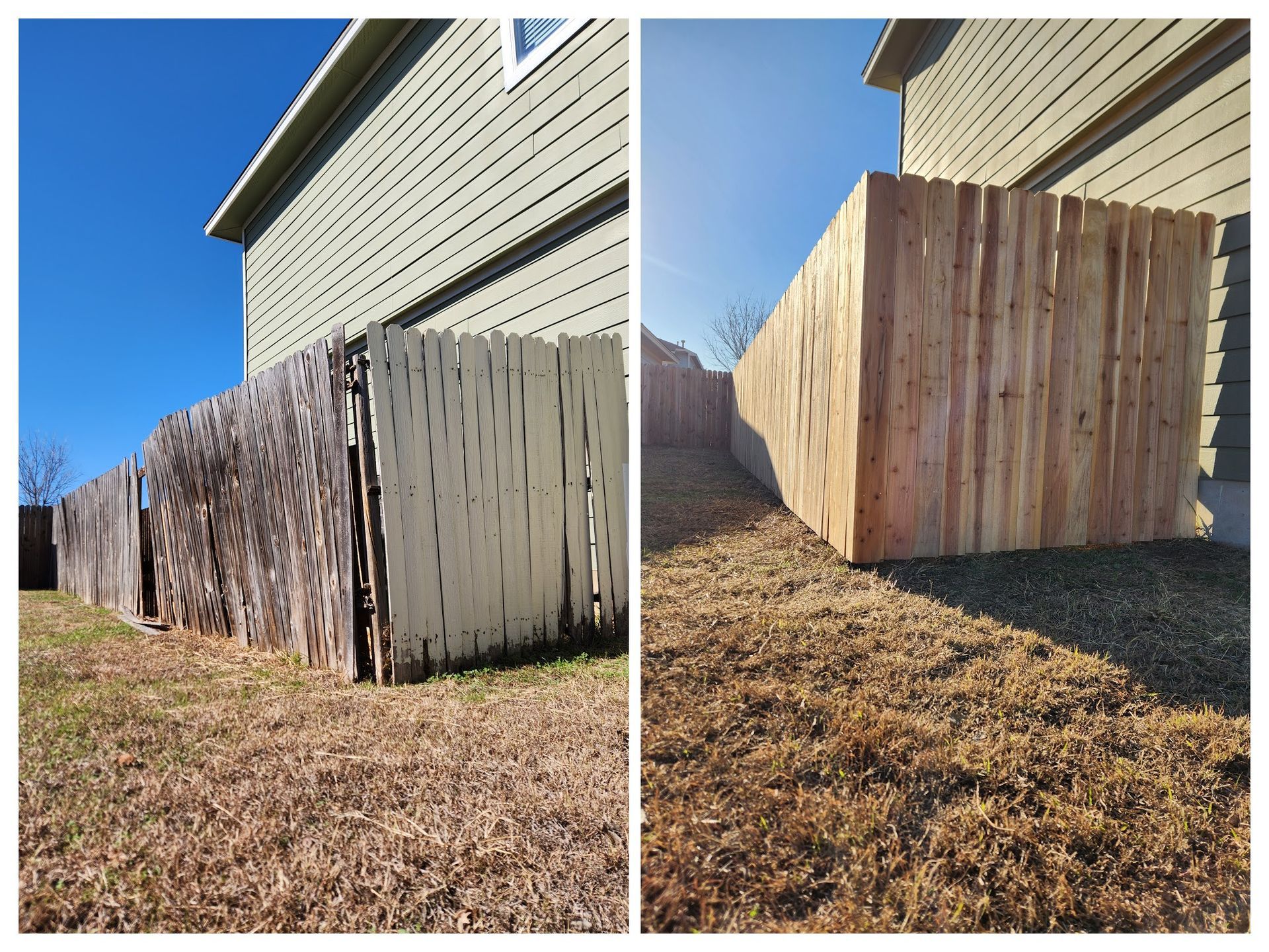 A before and after picture of a wooden fence in front of a house.
