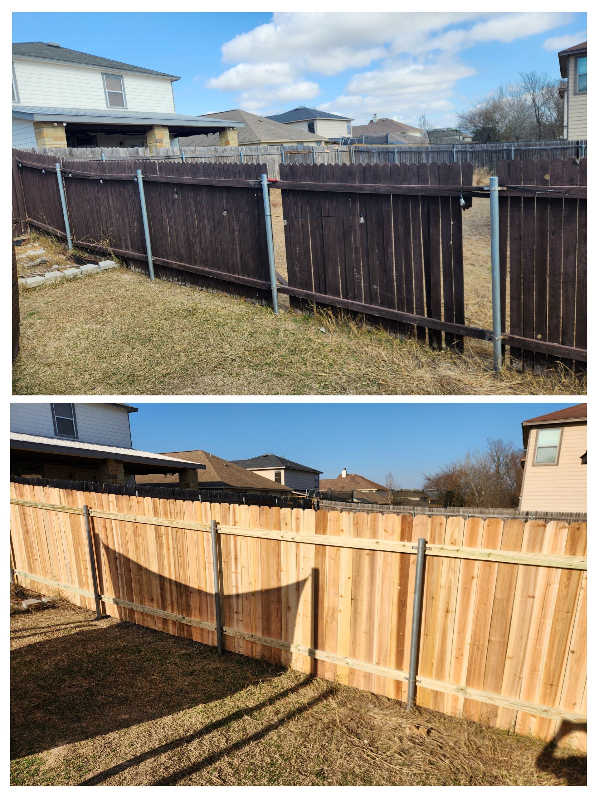 A before and after picture of a wooden fence in a backyard.