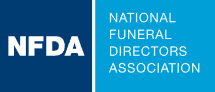 The logo for the national funeral directors association is blue and white.