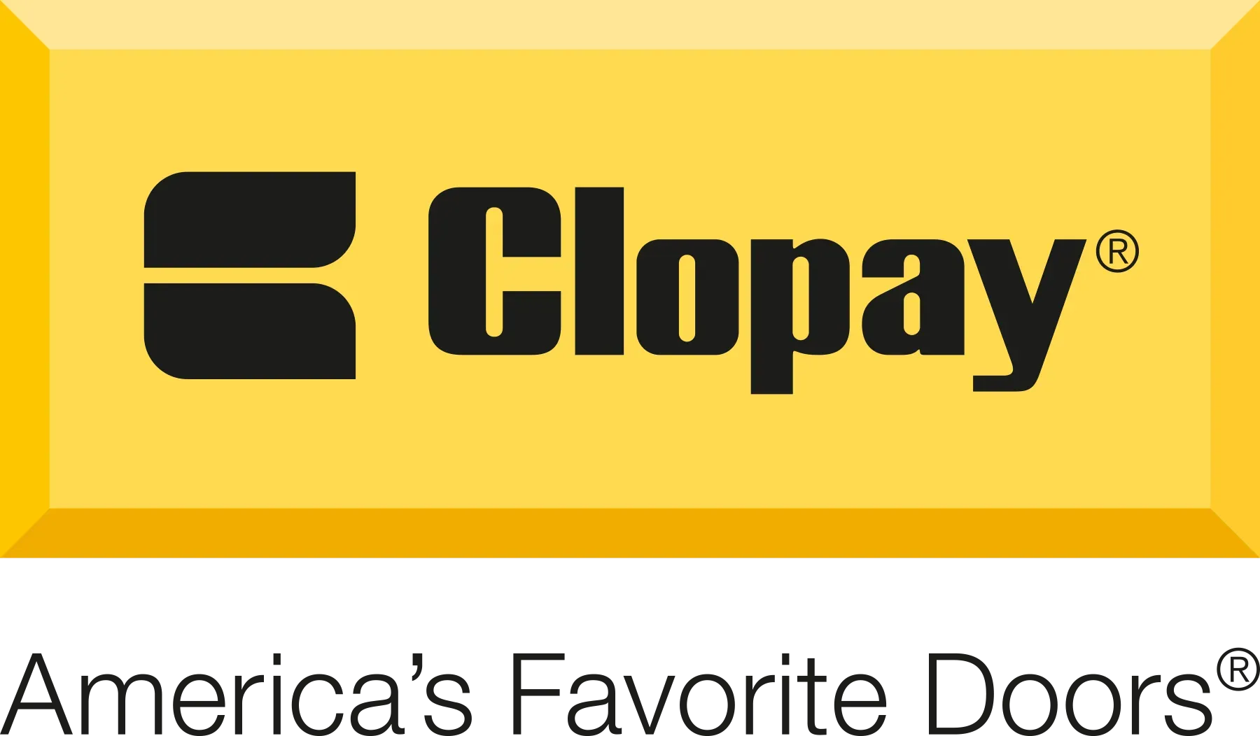 The logo for clopay is yellow and black and says america 's favorite doors.