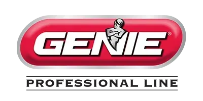 A red and white genie professional line logo on a white background.
