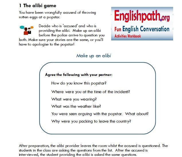 English Conversation Activity - Free Time - The Alibi Game