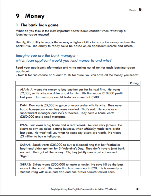 English Conversation Activity - Bank Loan Discussion Game