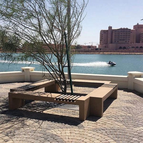 Albero con panchina di fronte a uno specchio d'acqua, moto d'acqua in movimento; edifici sullo sfondo.