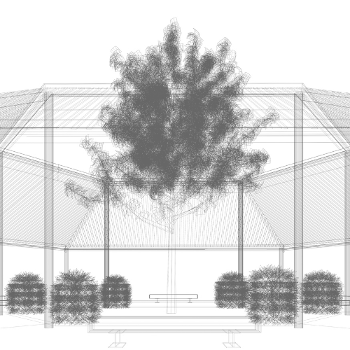 Un disegno in bianco e nero di un gazebo con un albero al centro.