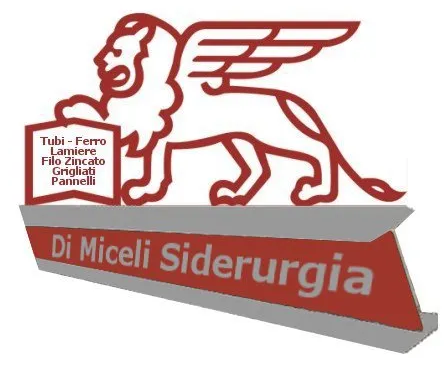 Logo per Di Miceli Siderurgia, raffigurante un leone alato, testo e uno striscione rosso e grigio.