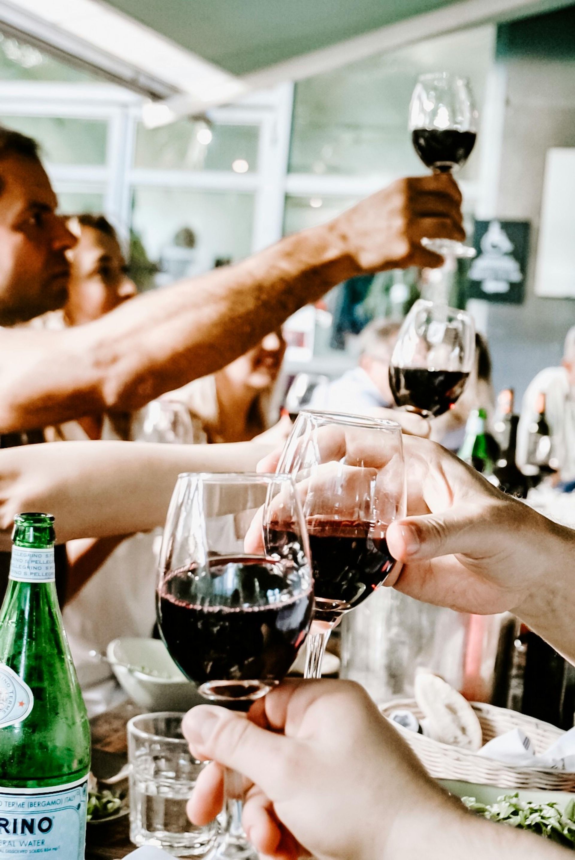 A group of people are toasting with wine glasses in a restaurant.