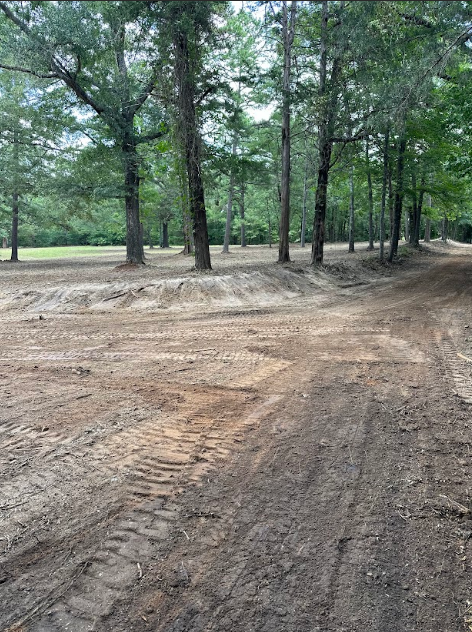 Dirt road intersection in a wooded area, tire tracks, trees in the background, overcast sky.