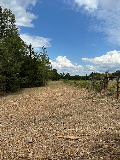 A field with a fence and trees in the background