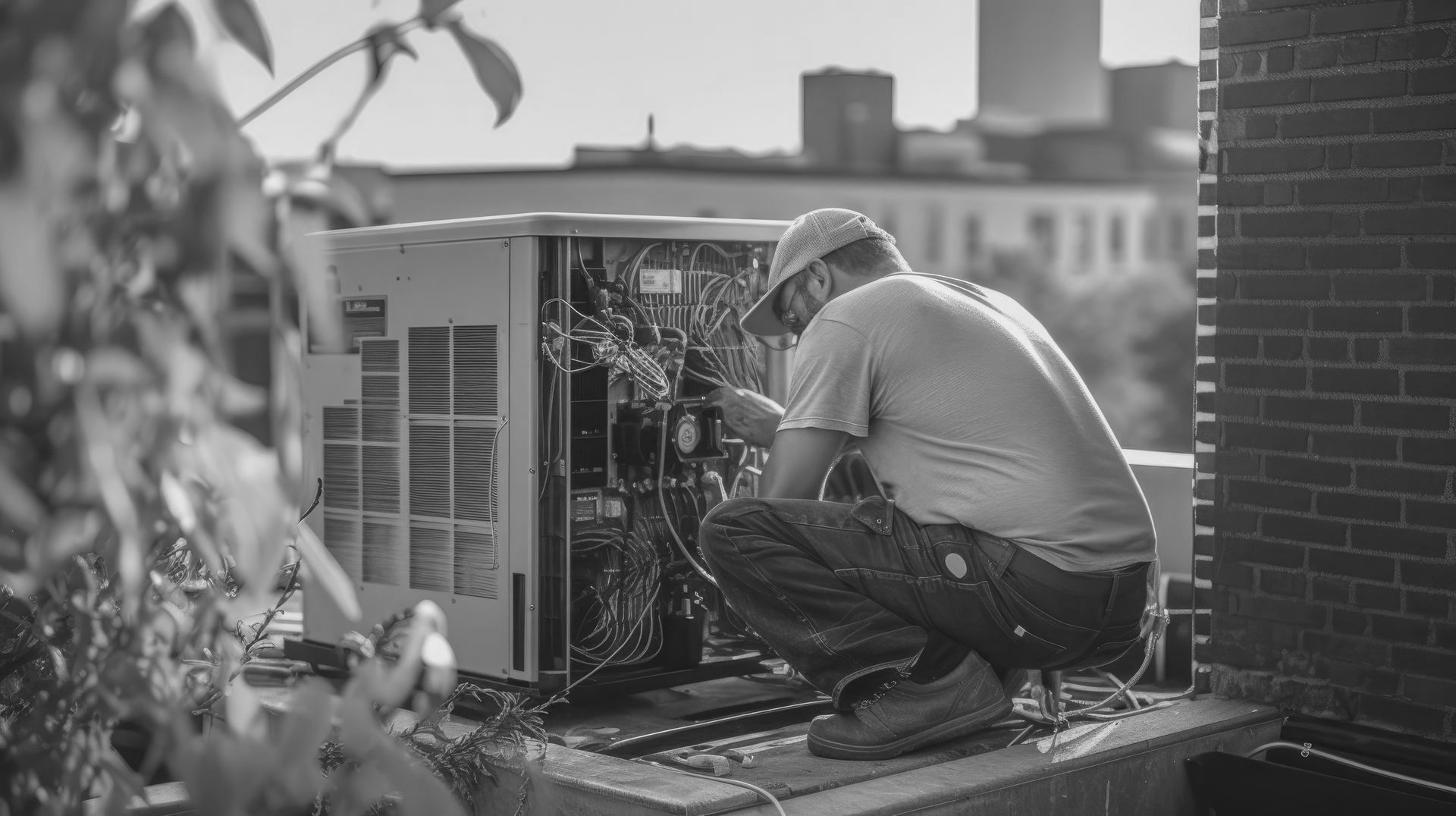Un technicien portant un casque de chantier répare un climatiseur sur un toit.