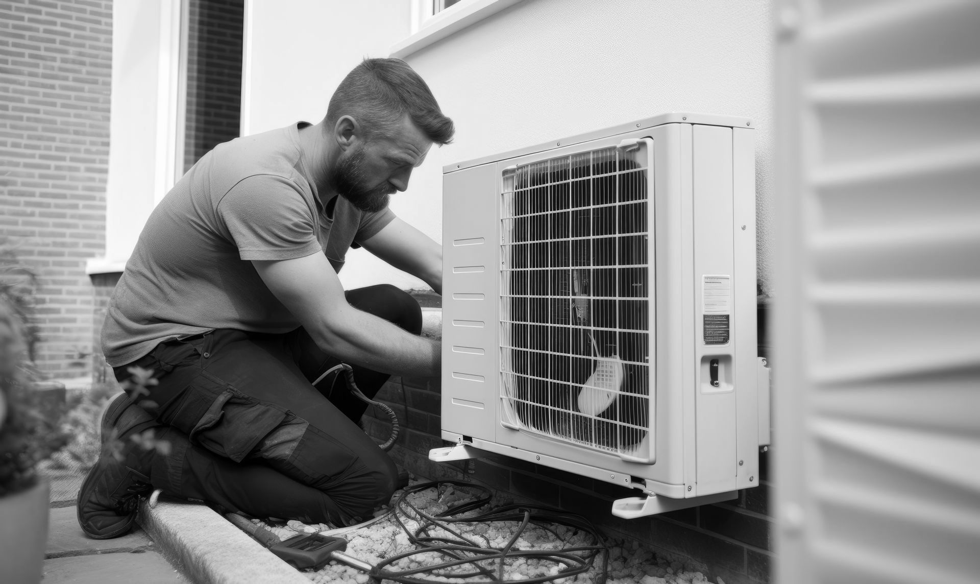 Un homme installe un climatiseur extérieur sur le mur d'un bâtiment.