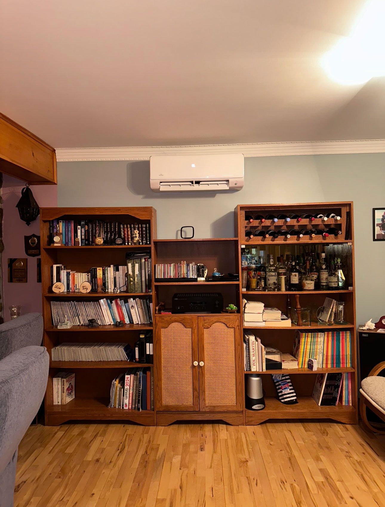 Un salon avec beaucoup d'étagères et un casier à vin