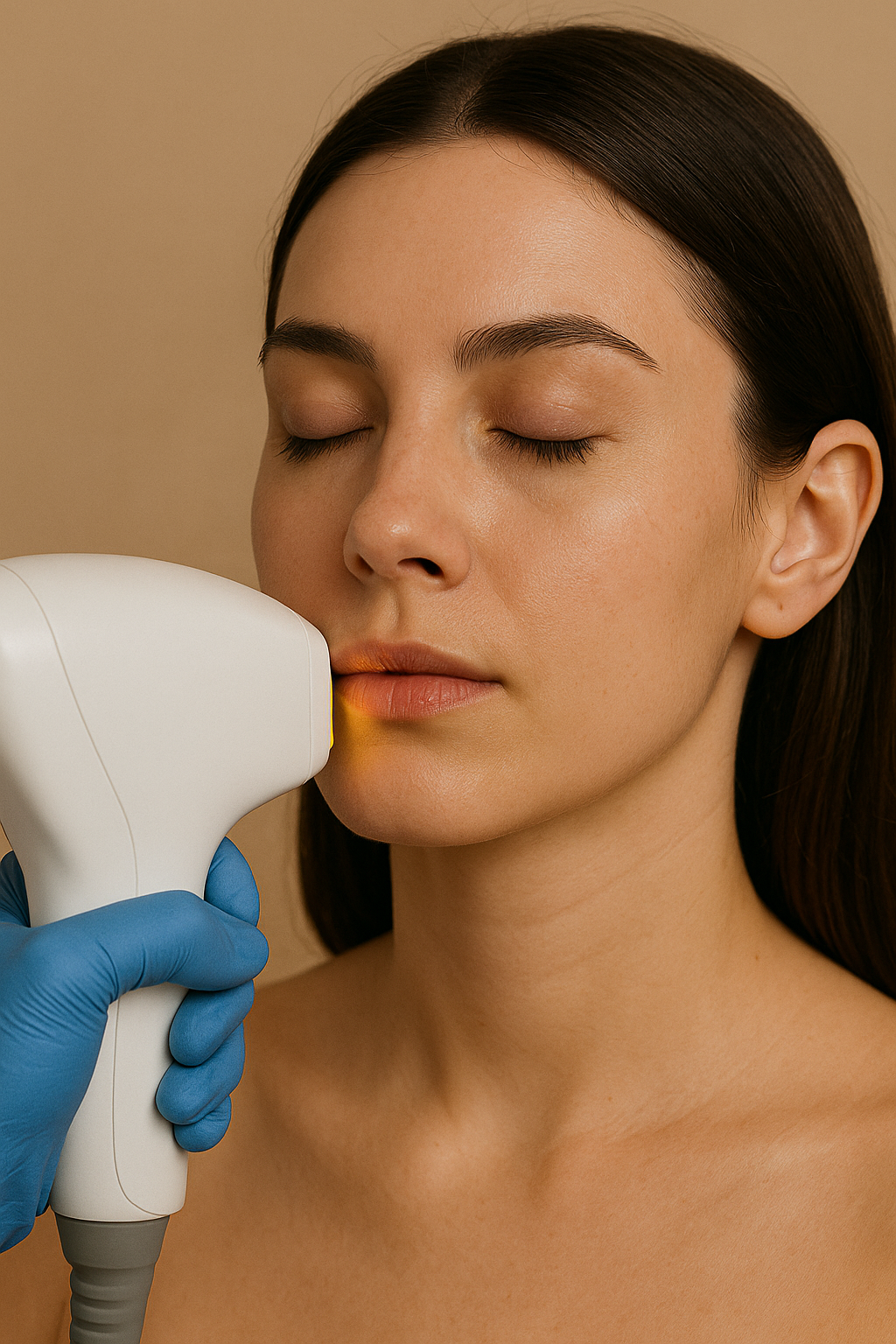  close-up photo of a young woman with smooth, glowing skin receiving a facial laser treatment 