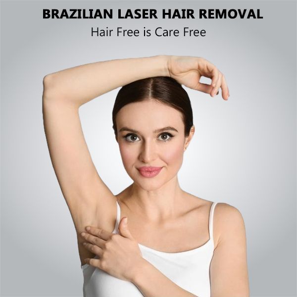 a woman in white tank top is showing her armpit with the words brazilian laser hair removal hair free is care free .