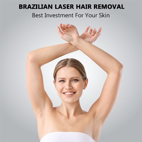 Women in white towel with raising her hands crossed over her head against teal grey background and the words Brazilian laser hair removal best investment for your skin above her
