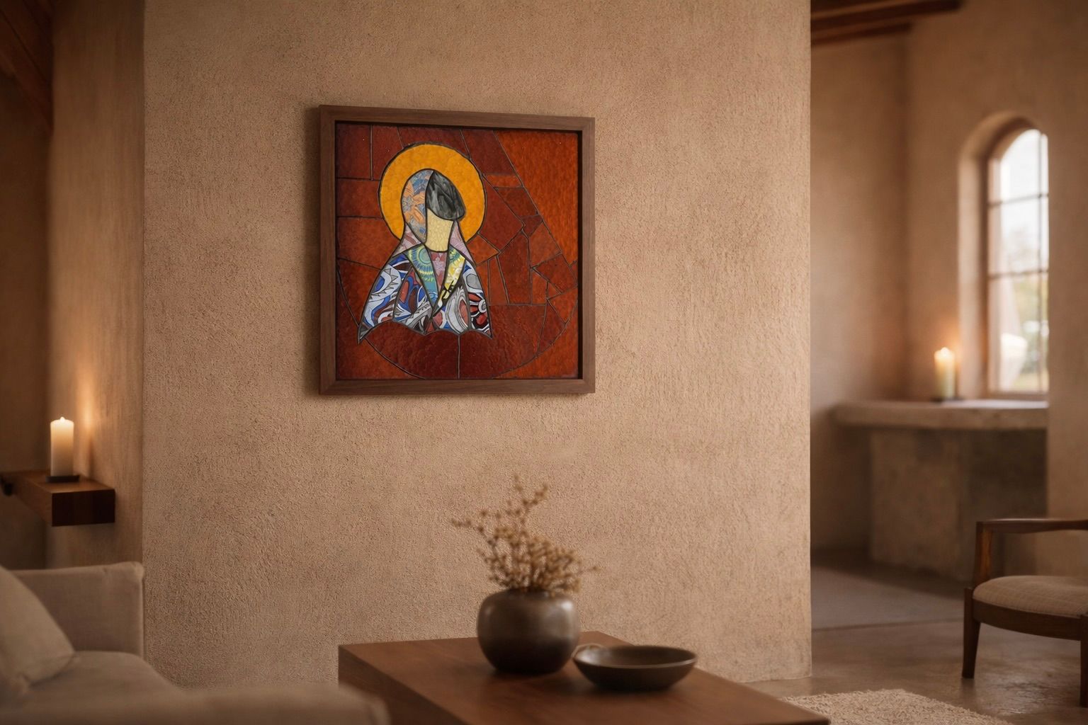 Mozaïekkunst in een houten lijst, op een muur met structuur. Woonkamer met kaarsen, vaas en meubels.