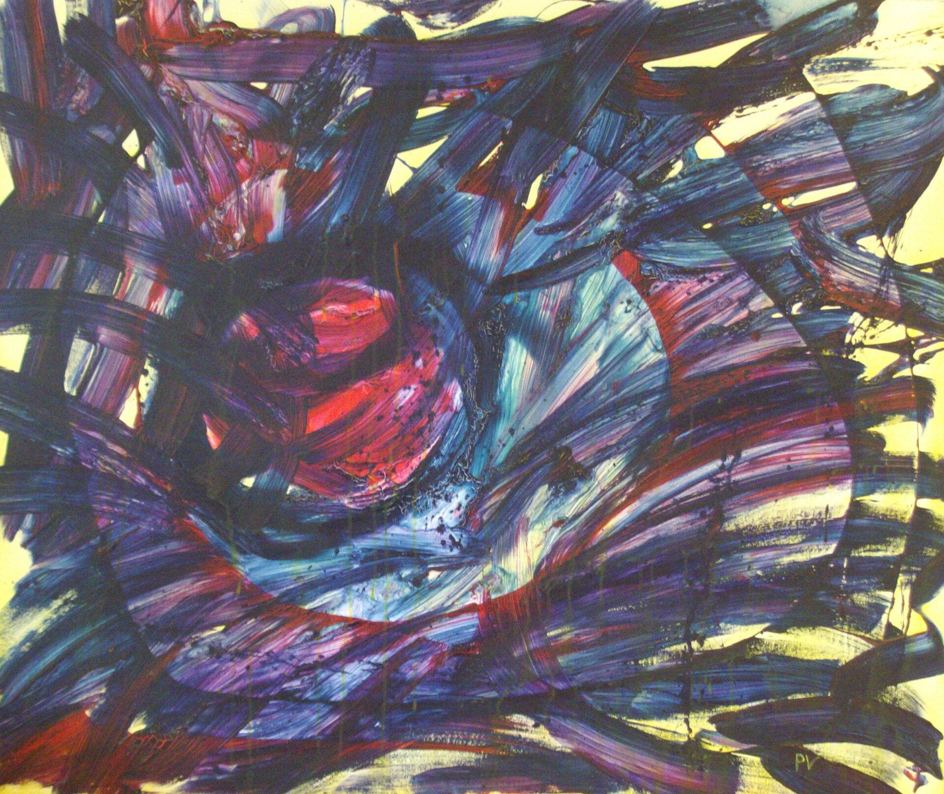 Een close-up van een kleurrijk schilderij op een gele achtergrond