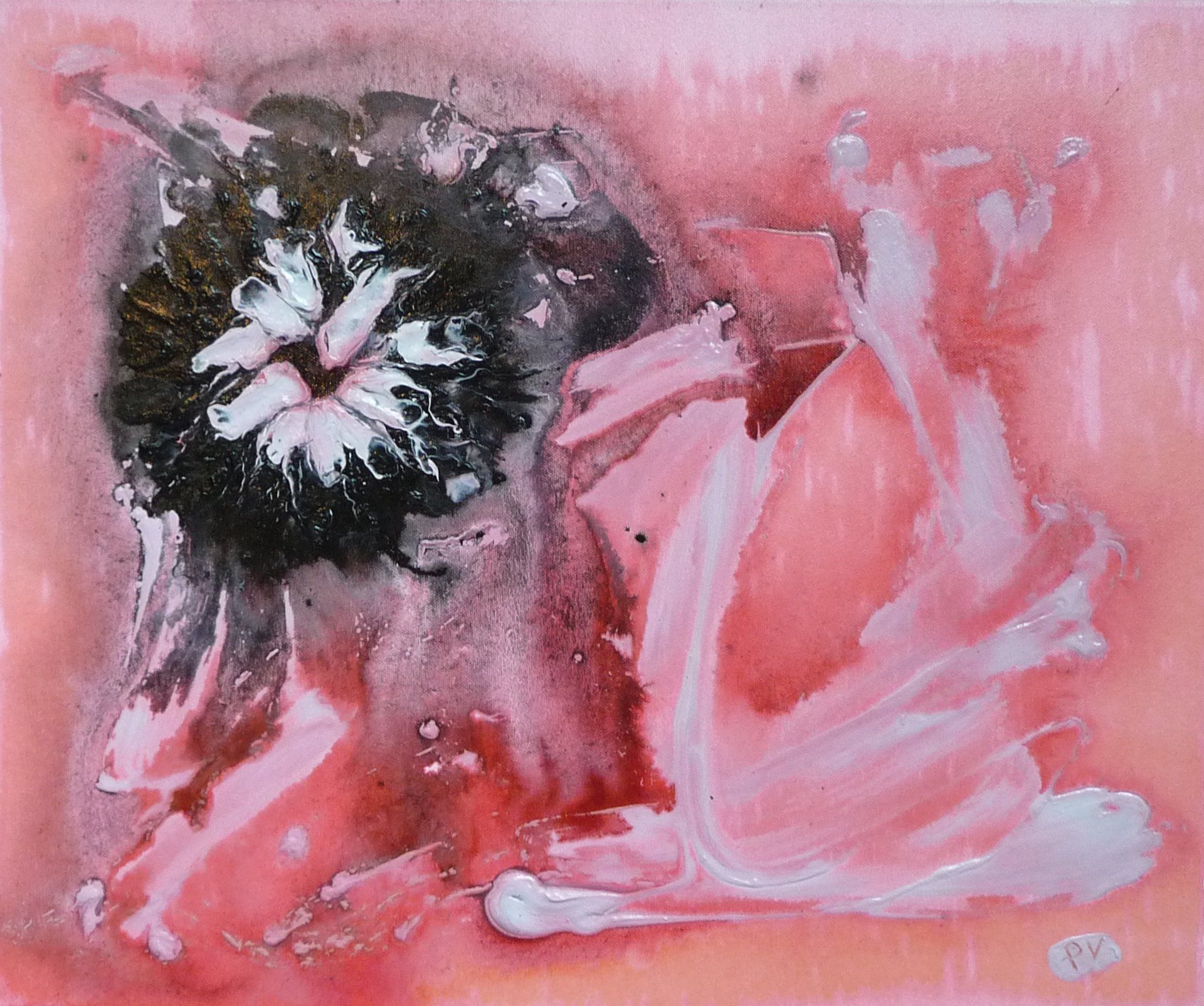 Een abstract  schilderij met een roze achtergrond