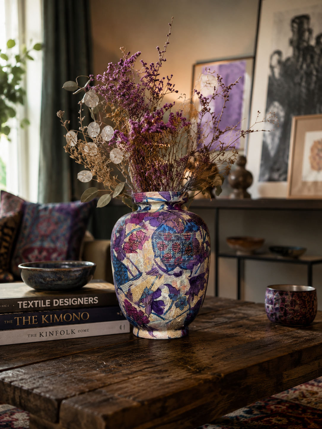 Een kleurrijke keramische vaas met gedroogde bloemen op een rustieke houten tafel in een gezellige woonkamer.