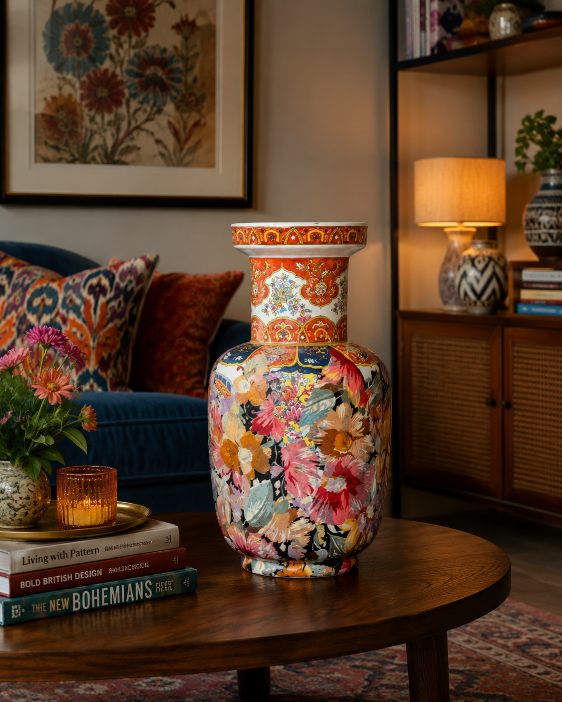 Een keramische vaas met bloemenmotief op een ronde salontafel in een gezellige woonkamer met kunst, een lamp en boeken.
