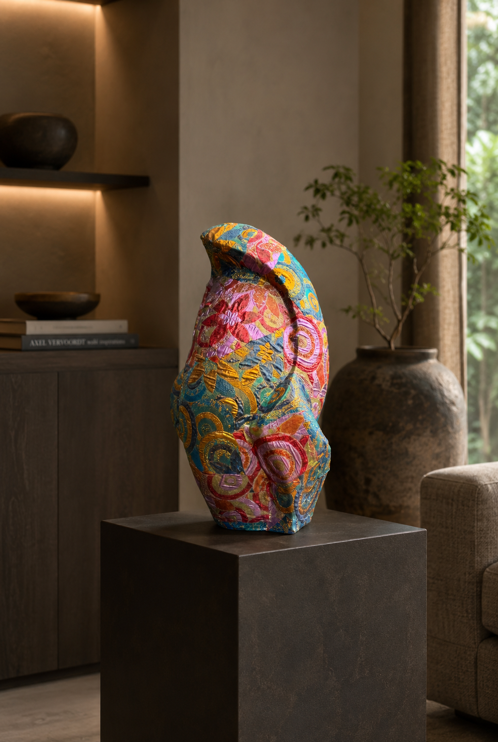Kleurrijk, gedessineerd beeldhouwwerk op een sokkel in een modern interieur, naast een grote vaas en planken.