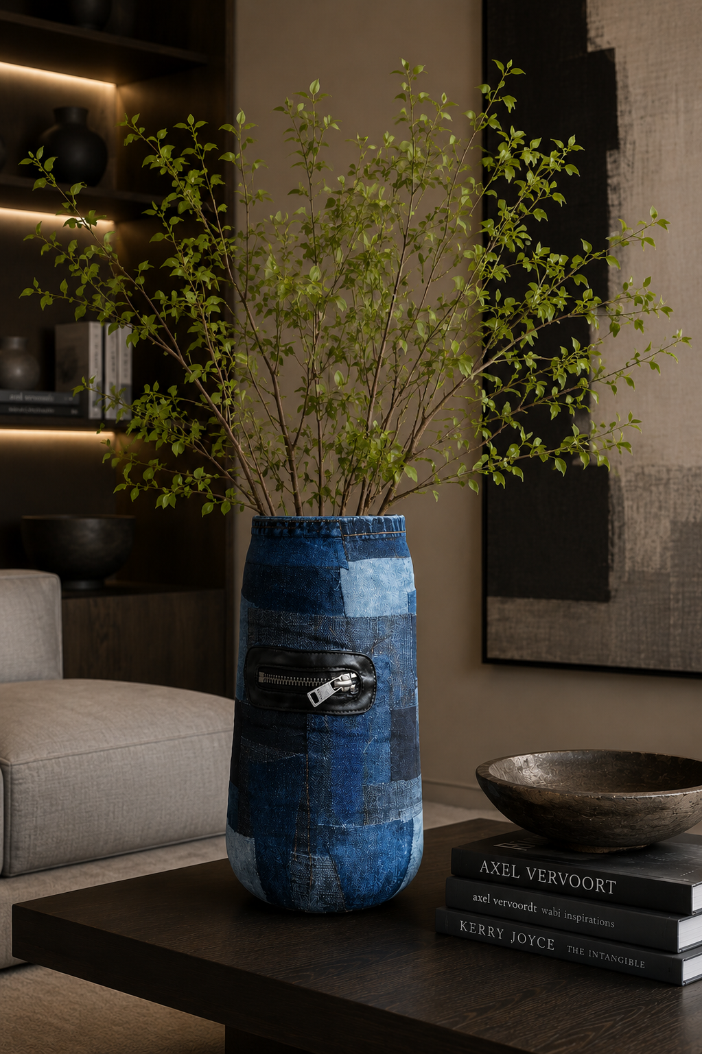 Blauwe vaas met bladerrijke takken op een tafel naast boeken en een schaal in een moderne woonkamer.