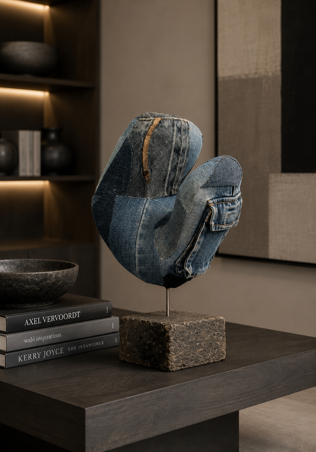 Abstracte, blauw-gouden sculptuur op een donkere tafel in een modern interieur.