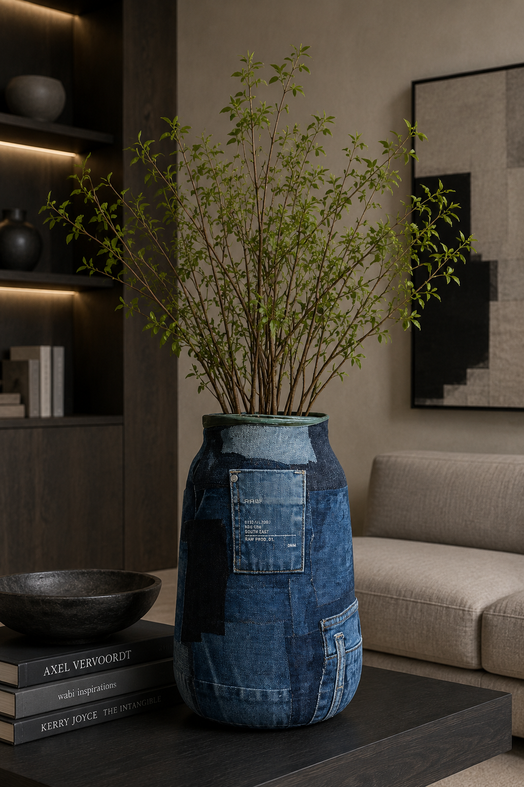 Blauwe keramische vaas met groen op een salontafel in een moderne woonkamer.
