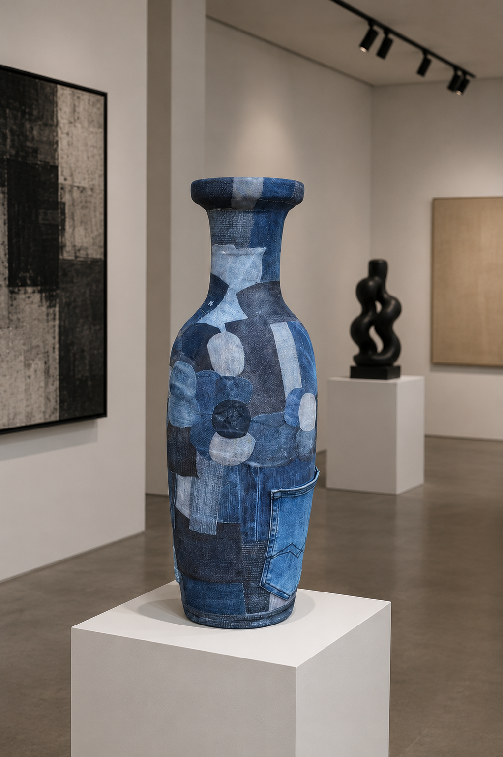 Een vaassculptuur van blauw mozaïek op een witte sokkel in een kunstgalerie, met andere abstracte sculpturen op de achtergrond.