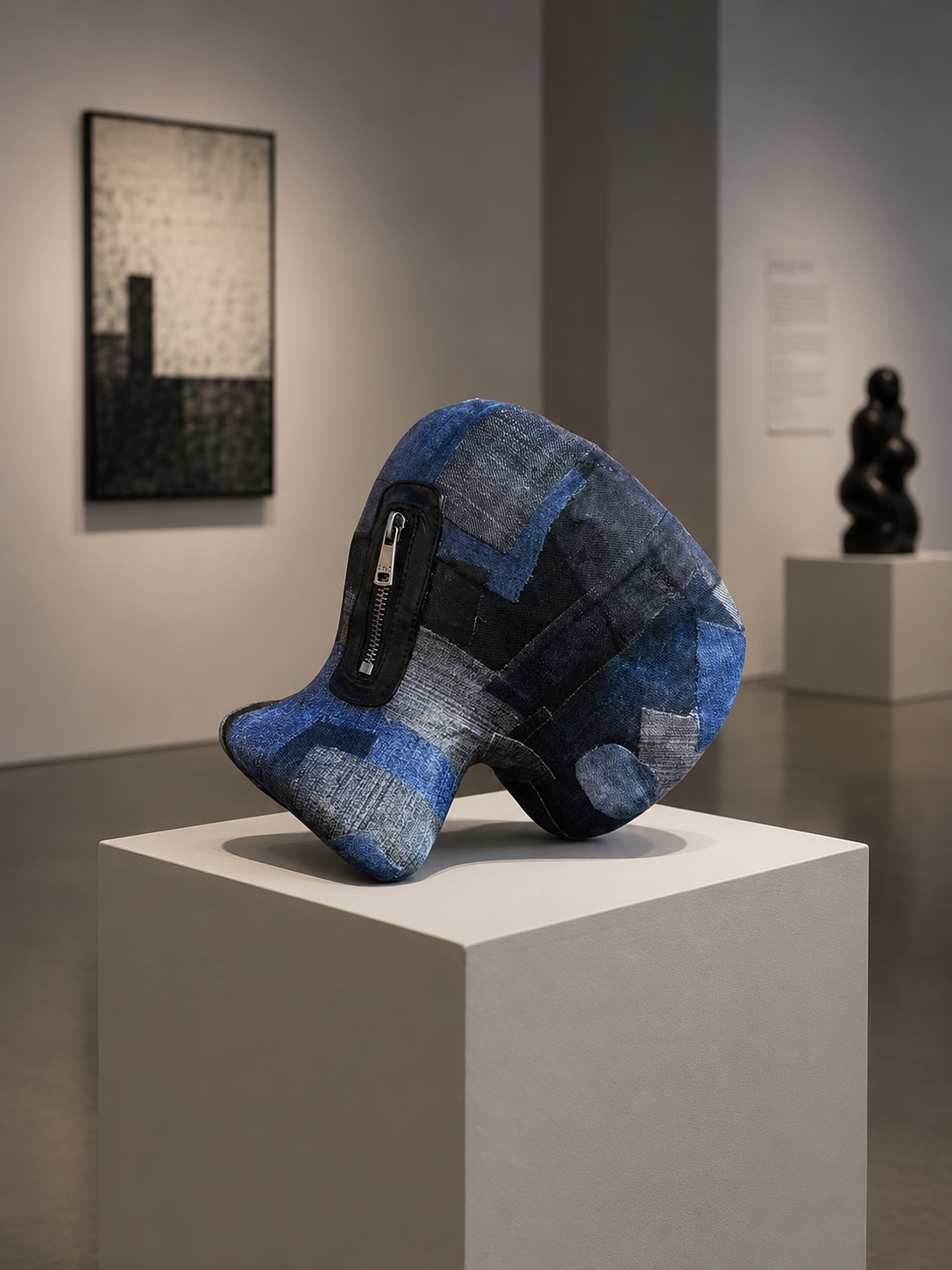 Abstracte blauw-zwarte sculptuur op een sokkel in een galerie, met ingelijste kunstwerken op de achtergrond.