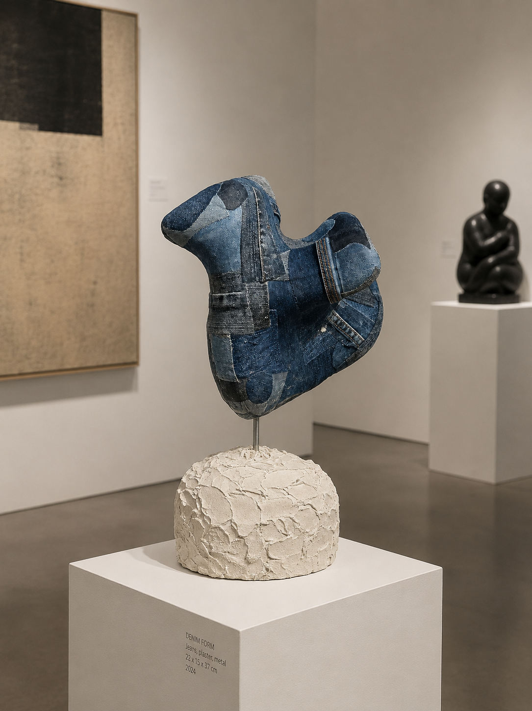 Een blauwe abstracte sculptuur op een witte sokkel in een galerie, met op de achtergrond een zwart zittend beeld.