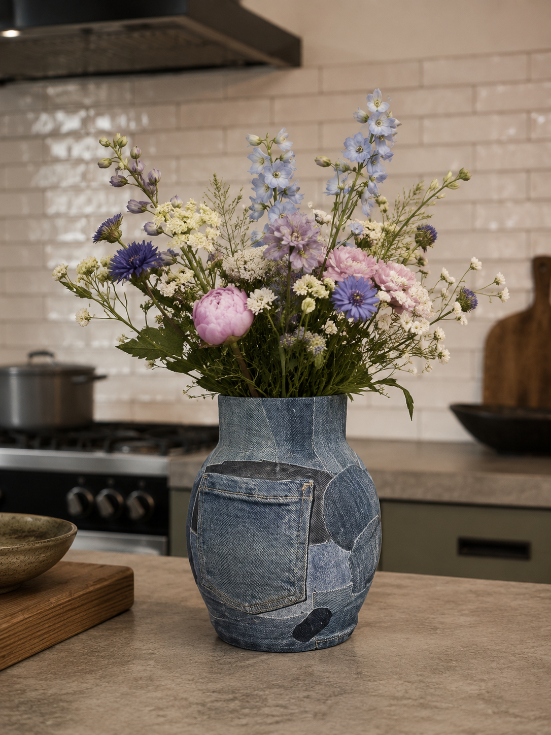 Blauwe vaas met een mix van pastelkleurige bloemen op het aanrecht.