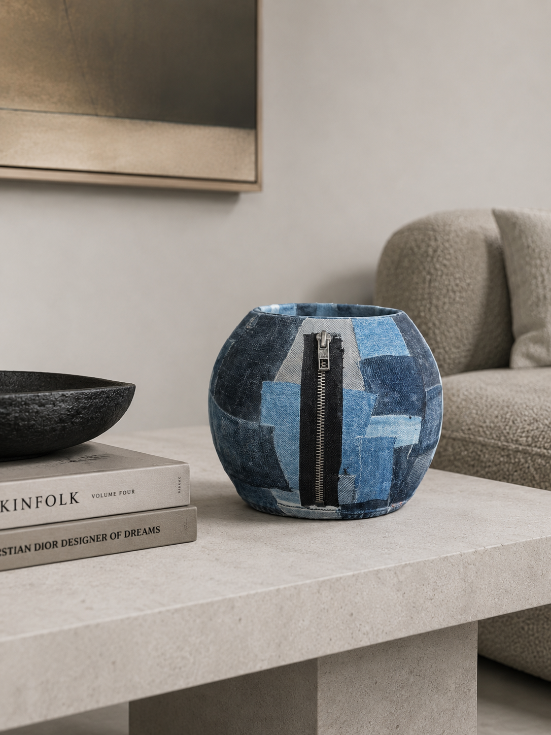Een vaas met blauwe mozaïek op een beige salontafel in een moderne woonkamer met boeken, een schaal en een stoel.