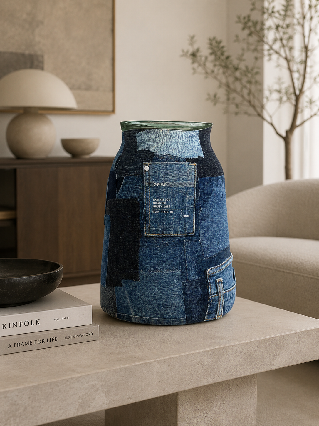 Blauwe vaas met structuur op een stenen tafel in een neutrale, moderne woonkamer.