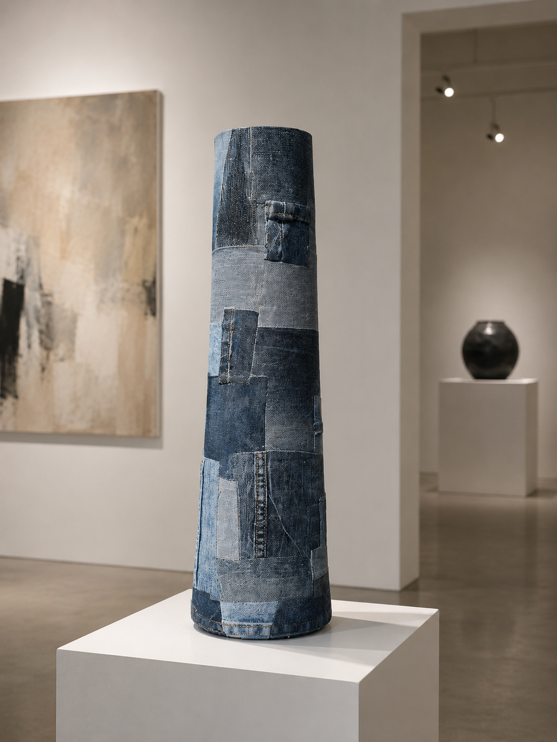 Een cilindrische sculptuur van blauw mozaïek op een witte sokkel in een minimalistische galerie, met abstracte schilderijen en een zwarte vaas op de achtergrond.