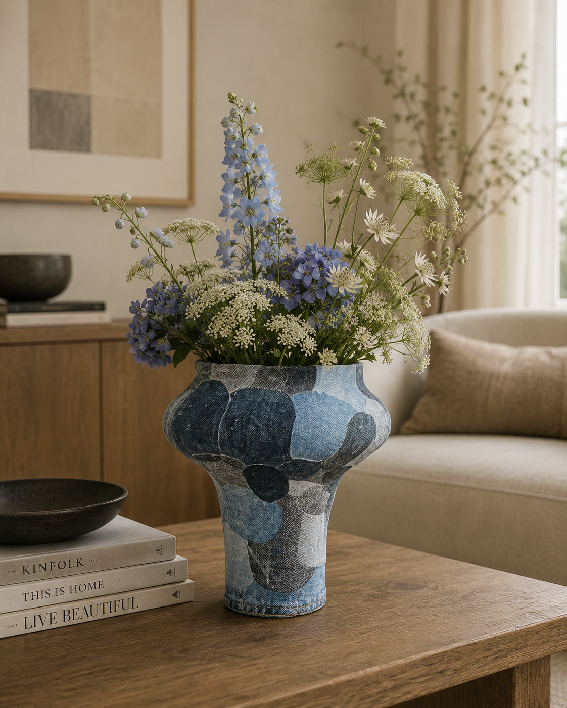 Blauwe mozaïekvaas met wilde bloemen op een salontafel in de woonkamer.